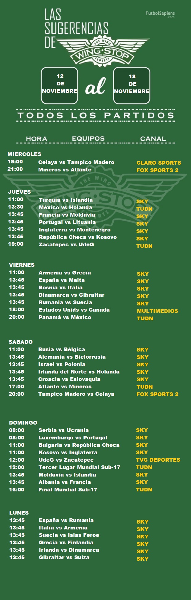 Programación De Partidos Del 12 Al 18 De Noviembre De 2019